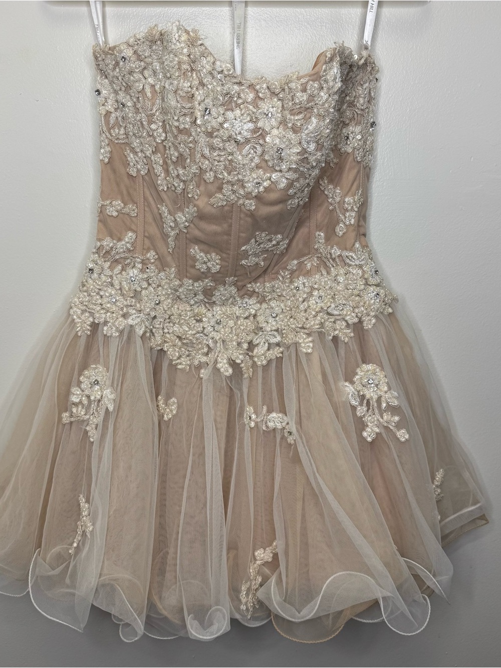 Sherri Hill Homecoming Champagne Nude Tulle Strapless Size 12